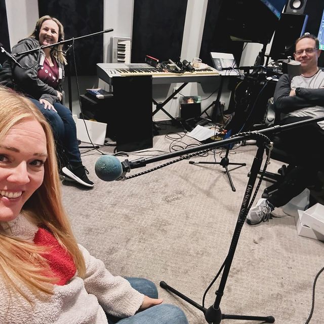 Kristin Sokol, Barbie Berg, and Nick Galieti in studio for Barbie Does Dating.